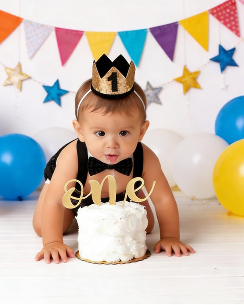 WELROG Baby Boys First Birthday Cake Smash Outfit Bow Tie Suspenders Bloomers Birthday Hat Sparkle Gold Set (Black) - Image 2